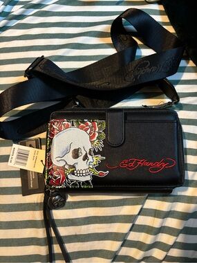 Ed Hardy Black Wallet Crossbody with Skull & Red Rose Embroidery